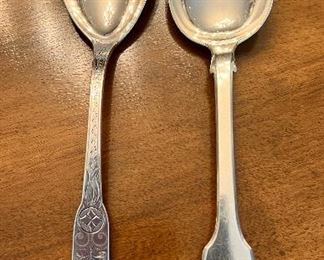 Item 120:  Sterling Coin Silver Etched Spoon (left):  $125                                                    Item 121:  English Sterling 1830 Spoon (right):  $75