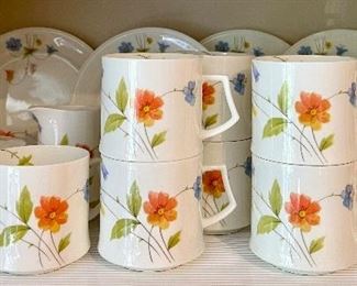 Item 185:  "Just Flowers" Mikasa Luncheon Set:  $75                                                    4 plates, 4 bowls, 7 cups, creamer & sugar with underplate