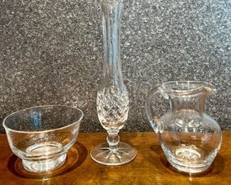 Item 189:  Tiffany & Co. Bowl (left) - 2.5":  $28                                                                      Item 190:  Waterford Bud Vase (middle) - 9.25":  $28  (SOLD)                                                                                                     Item 191:  Simon Pearce Pitcher (right) - 4.5":  $28