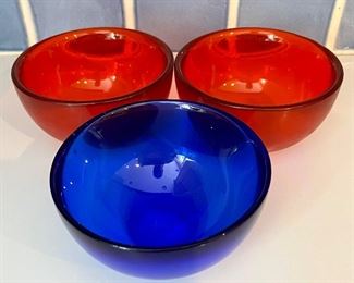 Item 195:  (3) Art Glass Bowls (2 red, 1 blue):  $22