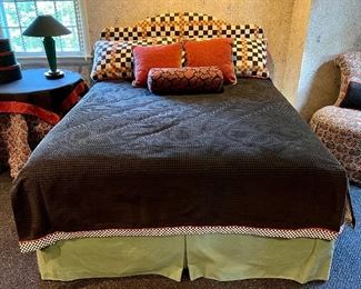 Item 282:  Upholstered Queen Headboard with Custom Coverlet, Pillows, Dust Ruffle, & Neck Roll:  $595