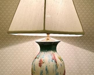 Item 301:  (2) Pottery Lamps with Rock Finial (both shades need to be replaced) - 28": $250 for pair