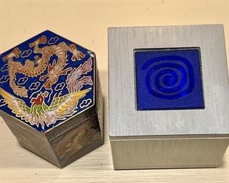 Item 321:                                                                                                           a. Enamel Dragon Trinket Box (left):    $24                                                                       b. Signed Stainless Steel Trinket Box with Cobalt Blue Glass:  $28                                                                                         Tallest - 2.5"                                 