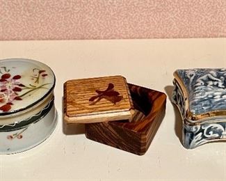 Item 322:  $52 for all                                                                                                            a.  Nippon Trinket Box (rim has a teeny tiny chip - left)                                                                                                                                     b.  Wood Trinket Box (middle)                                                                                                                        c.  Capodimonte Trinket Box (right)                                      Tallest - 1.5"