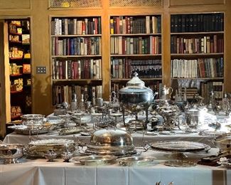 VTG STERLING SILVER, ANTIQUE SILVER PLATE PLATTERS, FOOD DOMES AND MORE SERVING DISHES.