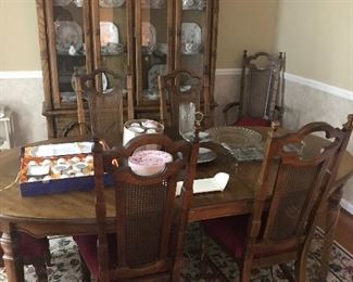 Traditional Pecan Dining Table, Six Chairs, China Cabinet 