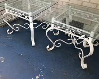 Pair Glass Top Metal End Tables