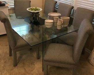 All Glass Dining Table, Six Parsons Chairs