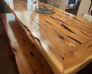 not SHORT ON LENGTH with this fabulous long solid wood table w/ 2 matching benches and 2 leather chairs-  have original receipt -  its a great deal for the right space-  