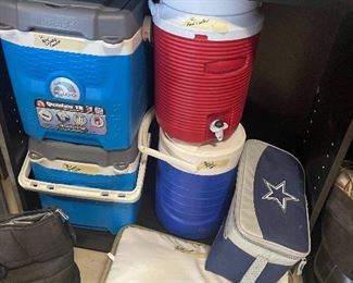 igloo coolers of all shapes and sizes-  even a cowboys cooler 
