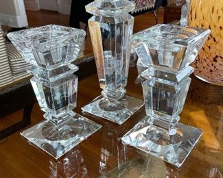 $80; contemporary set of 3 candlesticks (as is with small chips)