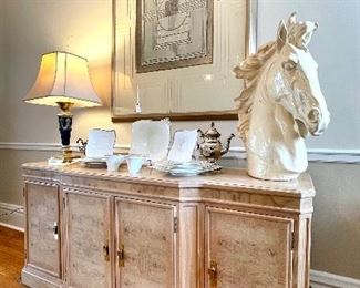 $600 each; buffet by Heritage with burled detail on top and doors; 2 available; 68”w x 20”d x 31”h      $500; amazing horse head sculpture; 9”w x 20”d x 27” h