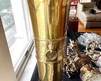 $200; large, brass floor vase with ring handles; 8”d x 23”h