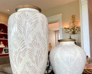 $80; pair of ceramic urns with feather imprints