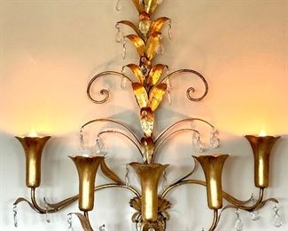 $350; vintage gold gilded sconce with crystal tear drops