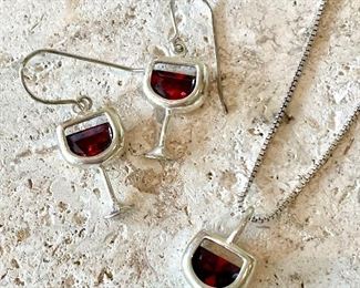$40; Sterling and gemstone wine glass necklace and earring set