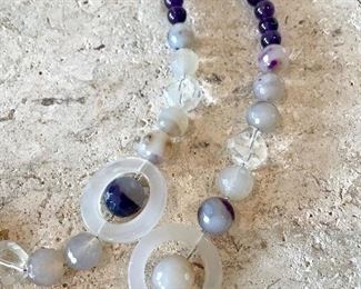 $18; unique purple and white beaded necklace