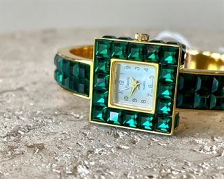 $18; fun, dressy, green stone bangle watch