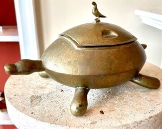 $60; vintage brass turtle dish with bird