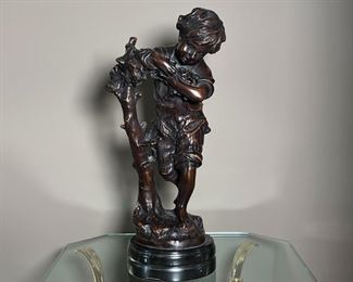 AUGUSTE MOREAU BRONZE SCULPTURE | Auguste Moreau signed bronze sculpture/statue of a young boy; h. 17 in.