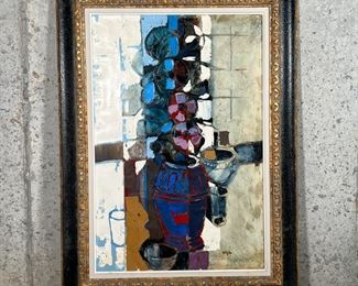 ROBERTO MOYA (1932 - 2008) | Modernist still life oil on canvas, signed lower right, in a custom gilt and alligatored frame with placard bearing artist's name "Robert Moya"; overall 46 x 33-1/2 in.