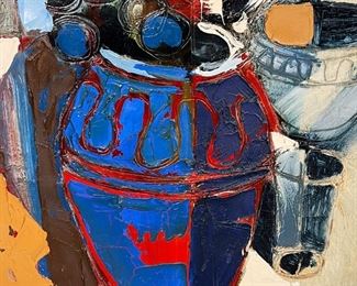 ROBERT MOYA (1932 - 2008) | Modernist still life oil on canvas, signed lower right, in a custom gilt and alligatored frame with placard bearing artist's name "Robert Moya"; overall 46 x 33-1/2 in.