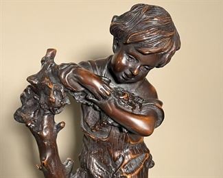 AUGUSTE MOREAU BRONZE SCULPTURE | Auguste Moreau signed bronze sculpture/statue of a young boy; h. 17 in.