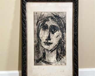 ROBERT CARIOLA PORTRAIT | Robert Cariola (b. 1927), mixed media portrait of a lady, possibly an etching, signed lower right "CARIOLA", in a braided antique wood frame behind anti-glare glass; overall 27-1/2 x 18 in.