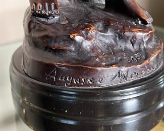 AUGUSTE MOREAU BRONZE SCULPTURE | Auguste Moreau signed bronze sculpture/statue of young girl holding a bird; h. 17-1/2 in.