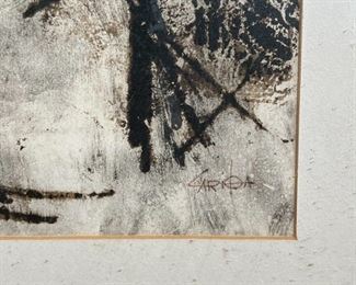 ROBERT CARIOLA PORTRAIT | Robert Cariola (b. 1927), mixed media portrait of a lady, possibly an etching, signed lower right "CARIOLA", in a braided antique wood frame behind anti-glare glass; overall 27-1/2 x 18 in.