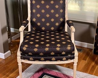 SHERRILL ARMCHAIR | Sherrill Furniture Co. armchair, light wood frame, brown fabric upholstery with 8-pointed stars; h. 36-1/2 x 24 x 22 in.
