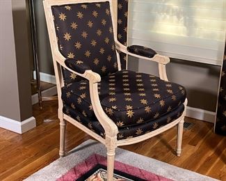 SHERRILL ARMCHAIR | Sherrill Furniture Co. armchair, light wood frame, brown fabric upholstery with 8-pointed stars; h. 36-1/2 x 24 x 22 in.