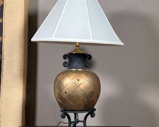 GOLD ACCENT TABLE LAMP | Pineapple style design, distressed gold finish on scrolled iron rod base; overall h. 26 in.