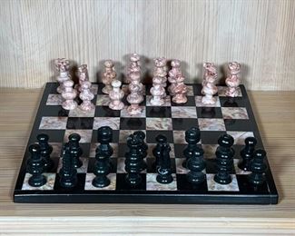 MARBLE STONE CHESS SET | Pink and black marble chess set; 13-1/2 in.