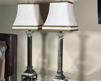 PAIR WILDWOOD TABLE LAMPS | Pair table lamps by Wildwood Lamps & Accents, antiqued metal rectangular column between acrylic accents; h. 35 in.