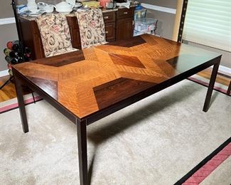 PARQUETRY DINING TABLE | "Directional" parquetry extension dining table by Johnson Furniture Co., with impressive contrasting woods; h. 28-1/4 x 42 x 72 in.