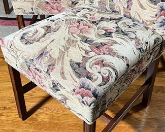 (6pc) DINING CHAIRS | Contemporary side chairs with floral and acanthus textured upholstery on square legs; h. 37 x 24 x 17 in.

