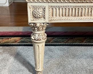 MARBLE TOP COFFEE TABLE | Light wood finish with reeded legs and overall carving, emperador dark style marble top; h. 17-3/4 x 43 x 31 in.