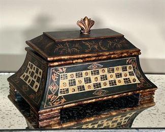 EASTERN PAINTED BOX | Eastern motif hand painted solid wood box with lid; overall 15-1/2 x 9-3/4 x 9-1/4 in.