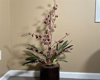 FAUX ORCHIDS | Faux purple orchids in a black round planter; overall h. 43 in.
