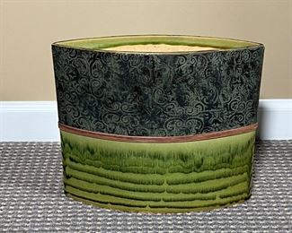CERAMIC ART VESSEL | Almond-shaped green glazed vase / planter with wrapped straw banding and textured patterns; h. 10-1/2 x w. 12-1/2 in. [one strand of straw lifting, needs to be re-glued]