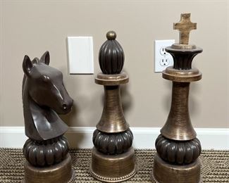 (3pc) DECORATIVE CHESS PIECES | Oversized decorative king, knight, and bishop chess pieces; h. 16 in.