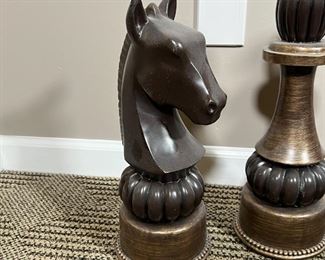 (3pc) DECORATIVE CHESS PIECES | Oversized decorative king, knight, and bishop chess pieces; h. 16 in.