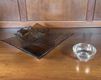 (3pc) GLASS SERVINGWARE | Including a square brown pressed glass chip and dip (larger 12 x 12 in.), dip bowl attaches to big bowl edge with artichoke hardware; and a small finger bowl with gilt accent on sides (4-3/4 in.)