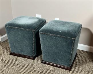 PAIR VELVET FOOTRESTS | Low stools or footrests with velvet padded upholstery and tacks on a square wood frame; h. 17-1/2 x 15-1/4 in.