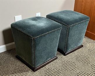 PAIR VELVET FOOTRESTS | Low stools or footrests with velvet padded upholstery and tacks on a square wood frame; h. 17-1/2 x 15-1/4 in.