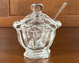 BACCARAT SUGAR BOWL | Baccarat lidded sugar bowl with spoon, having a hexagonal base and finial; h. 6 in.