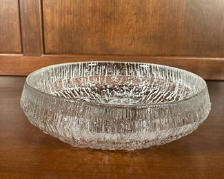 TEXTURED GLASS BOWL | Pressed glass bowl with low sides featuring glacial / bark textures; dia. 10-1/4 in.
