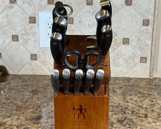 J A HENCKELS KNIFE BLOCK SET | J A Henckels international knife block set, including steak knives [one missing] and chef's / kitchen knives [two missing]