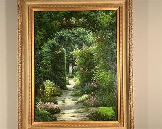 GARDEN OIL PAINTING | Original painting, oil on canvas, showing a garden pathway leading to a stone fountain, signed lower right "V Lork", in a gilt frame with carved floral motifs